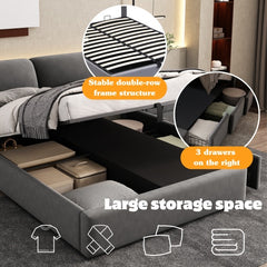Upholstered Bed,Double Bed-4ft6  135x190cm  Hydraulic Bed, Three Drawers, Bed Box For Storage, Slatted Frame With Headboard, Without Mattress, Velvet, Grey