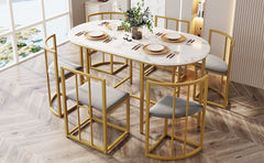 Six-Chair Dining Table Set White Table, Chairs With Backrests And Gray Upholstery, Gold Iron Frame,Dining Room Table And Chair Set,Modern Dining Table Combination