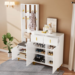 Wardrobe Set With Shoe Bench And Cushion, Wardrobe Front With Hooks, Shoe Cabinet With Drawers And Doors