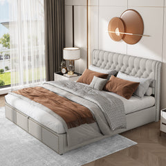 Upholstered Bed,Double Bed-4ft6 135x190cm,with Upholstered Bench 135 X 41 X 42 Cm, With Hydraulic Lever, Functional Storage Bed, Rivet Decoration, Linen, Light Grey