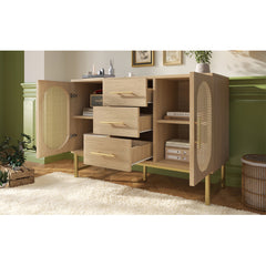 Rattan Sideboard Storage Cabinet With 2 Doors 3 Drawers, Storage Cabinet For Living Room, Bedroom, And Hallway, Metal Handles, Adjustable Shelves, Anti-Tip, 120 X 40 X 74 Cm, Oak