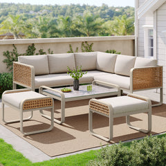 Outdoor Garden Lounge Set, Rattan Furniture Set For 6-7 People, Corner Sofa With Galvanised Iron Frame, Adjustable Legs, Includes All Seat And Back Cushions, Beige