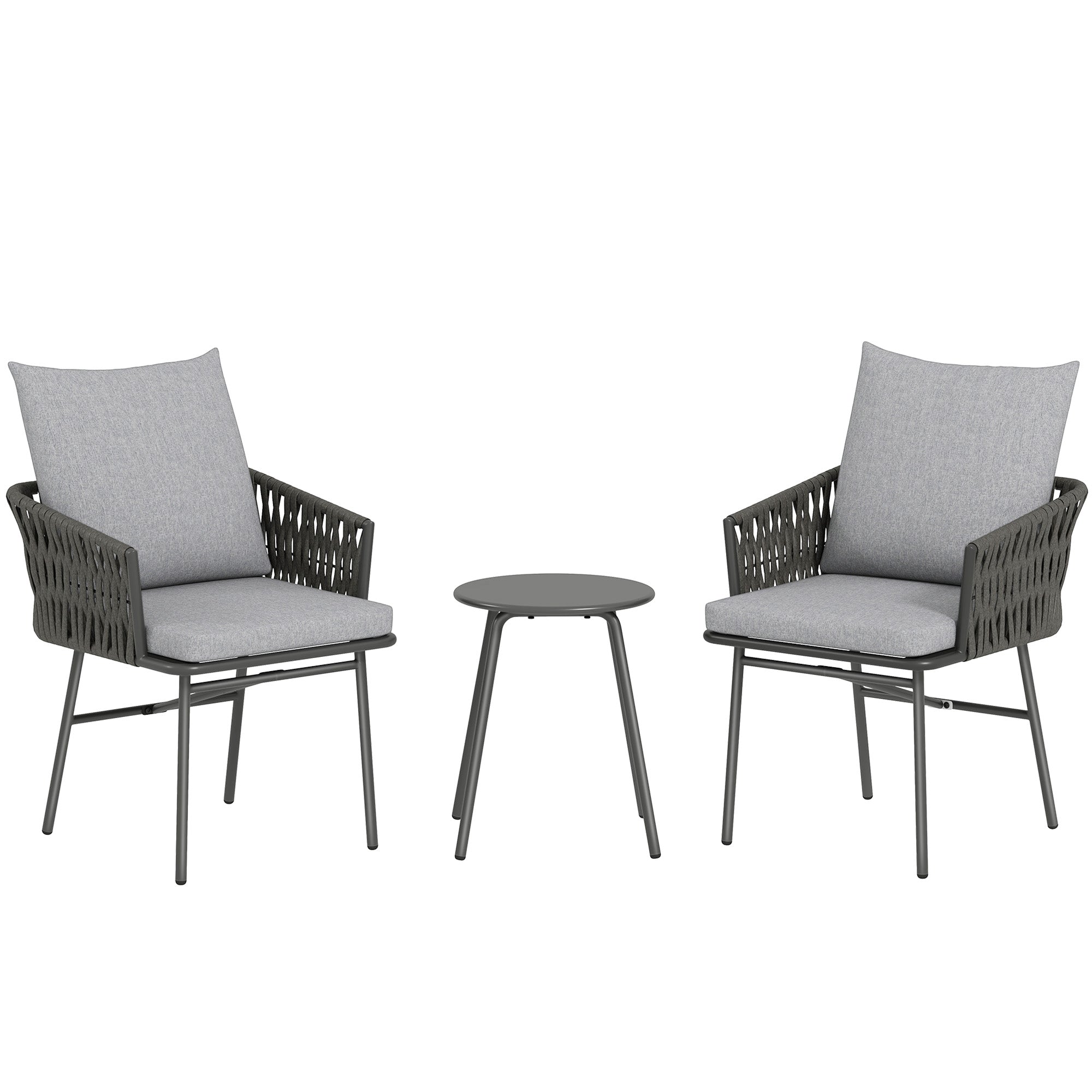 3-Piece Rattan Bistro Set, Garden Table And Chairs With 4 Cushions, Patio Rattan Conversation Furniture Set For Balcony, Porch, Terrace, Grey