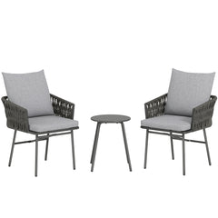 3-Piece Rattan Bistro Set, Garden Table And Chairs With 4 Cushions, Patio Rattan Conversation Furniture Set For Balcony, Porch, Terrace, Grey