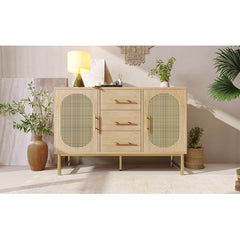 Rattan Sideboard Storage Cabinet With 2 Doors 3 Drawers, Storage Cabinet For Living Room, Bedroom, And Hallway, Metal Handles, Adjustable Shelves, Anti-Tip, 120 X 40 X 74 Cm, Oak
