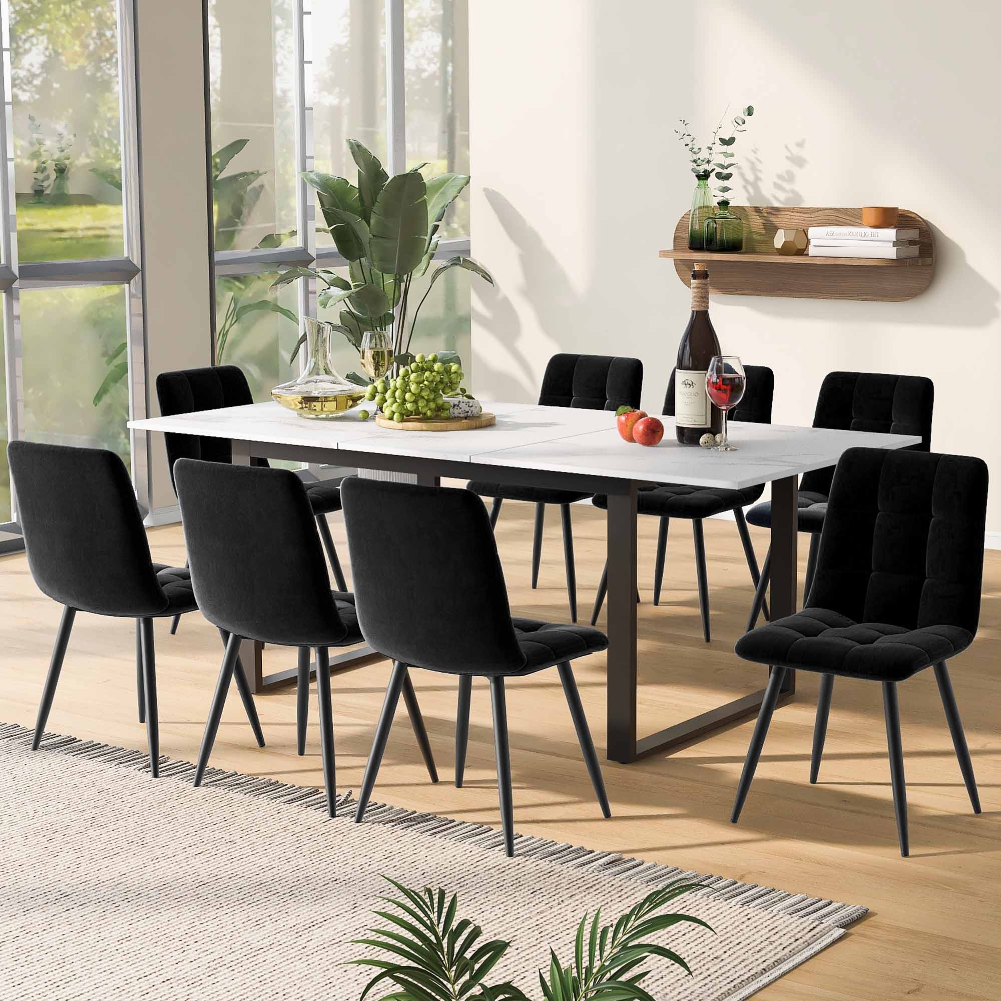 Dining Table Telescopic Table, 140 180x80x75cm, Iron Metal Legs & Square Tube Legs Modern White MDF Table Top With Marble Patterns, Dual Use For Home & Office