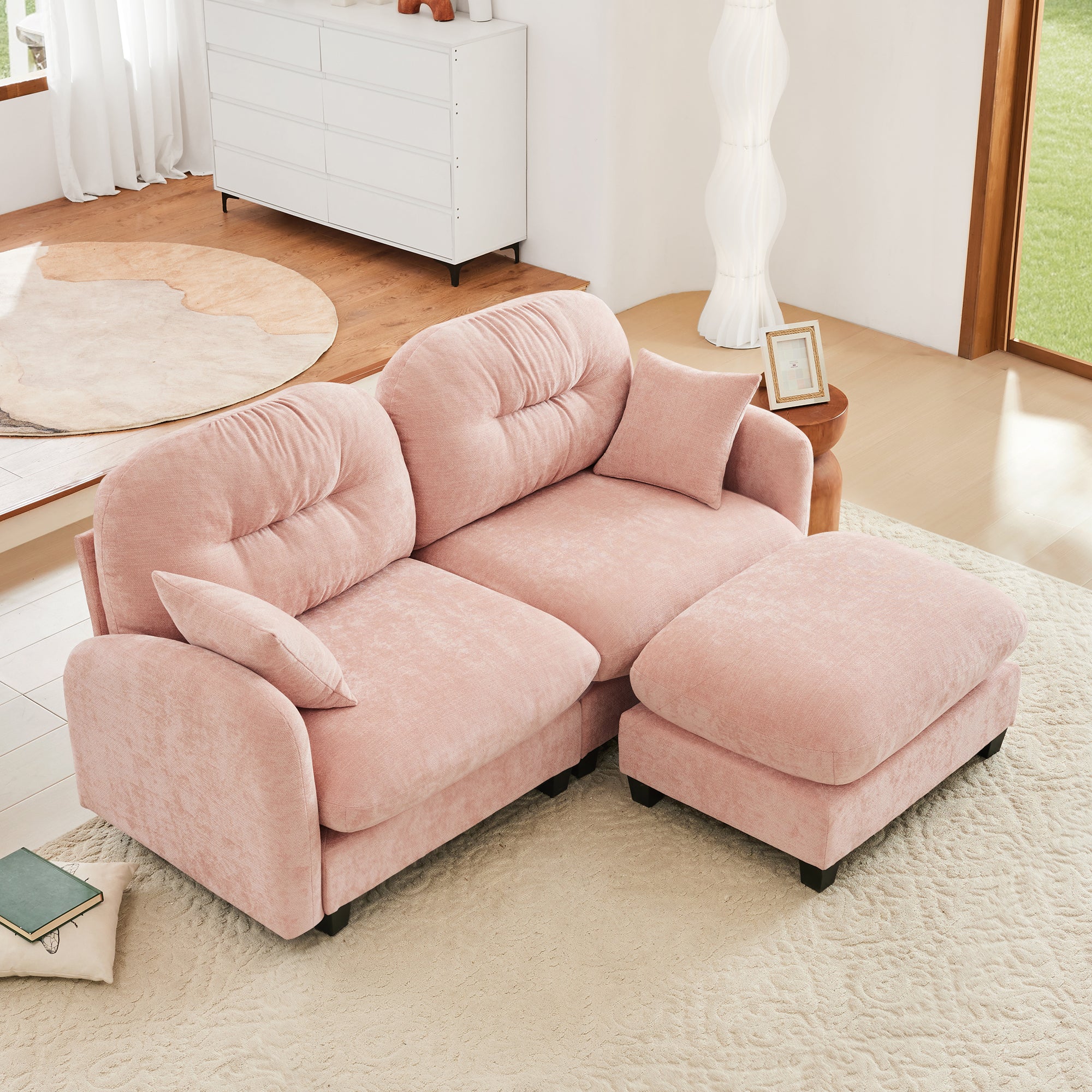 Cloud Sectional L-Shaped Couch With Ottoman,Soft Chenille Fabric,Quilted Pleated Design High-Density Foam,Fits Bedrooms Living Rooms Reading Nooks,Pink