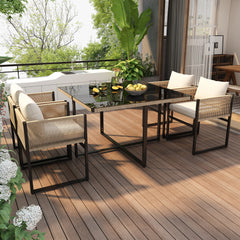 Garden Dining Set 5 Piece Set With 1 Dining Table, 4 Stackable Chairs Garden Furniture Set, 5-pc, Seating Group, Fine Rope, Iron, Table Top Made Of 5mm Thick Safety Glass