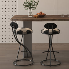 Upholstered S-shaped Barstools Set Of 2 Velvet Counter Bar Stools Football Print Round Dining Stool For Kitchen & Living Room Black Frame  Black Back