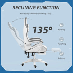 Vinsetto Computer Gaming Chair, PU Leather Desk Chair With Footrest, Swivel Task Chair With 135° Reclining Back And Lumbar Support, PC Chair For Adults, White And Grey