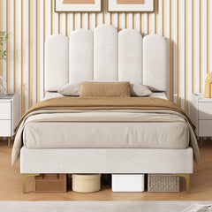 3ft Single  Premium Velvet Upholstered Bed Frame With Scalloped Channel Tufted Design, Height Adjustable Headboard & Gold Metal Feet, Under-bed Storage Space, No Box Spring Needed, Beige  No Mattress