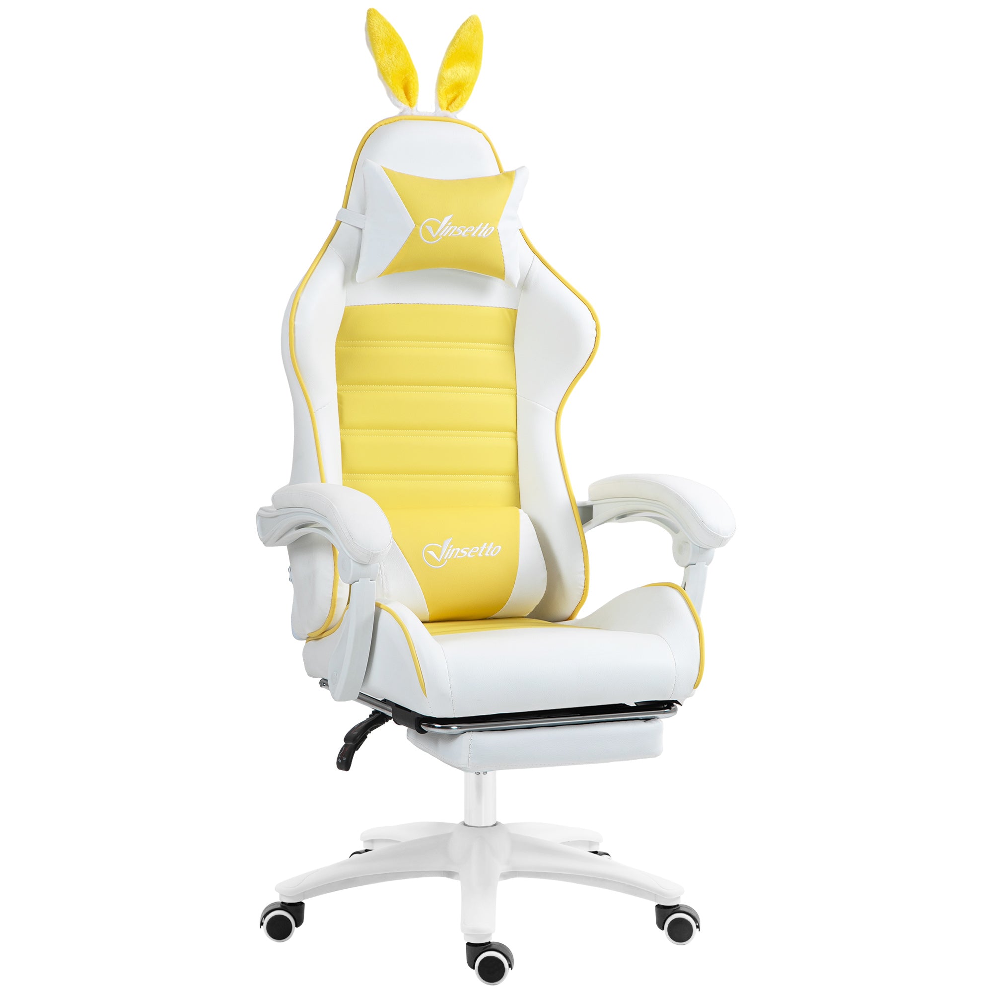 Vinsetto Reclining Racing Gaming Chair With Headrest And Lumber Support, PU Leather Computer Chair With Removable Rabbit Ears, Footrest, Yellow