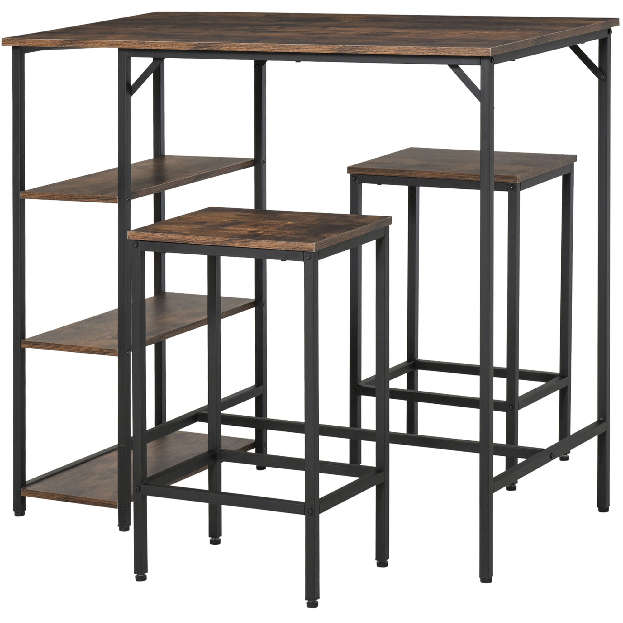 Industrial Bar Height Dining Table Set With 2 Stools & Side Shelf, 3 Pieces Coffee Table For Dining Room, Kitchen, Dinette