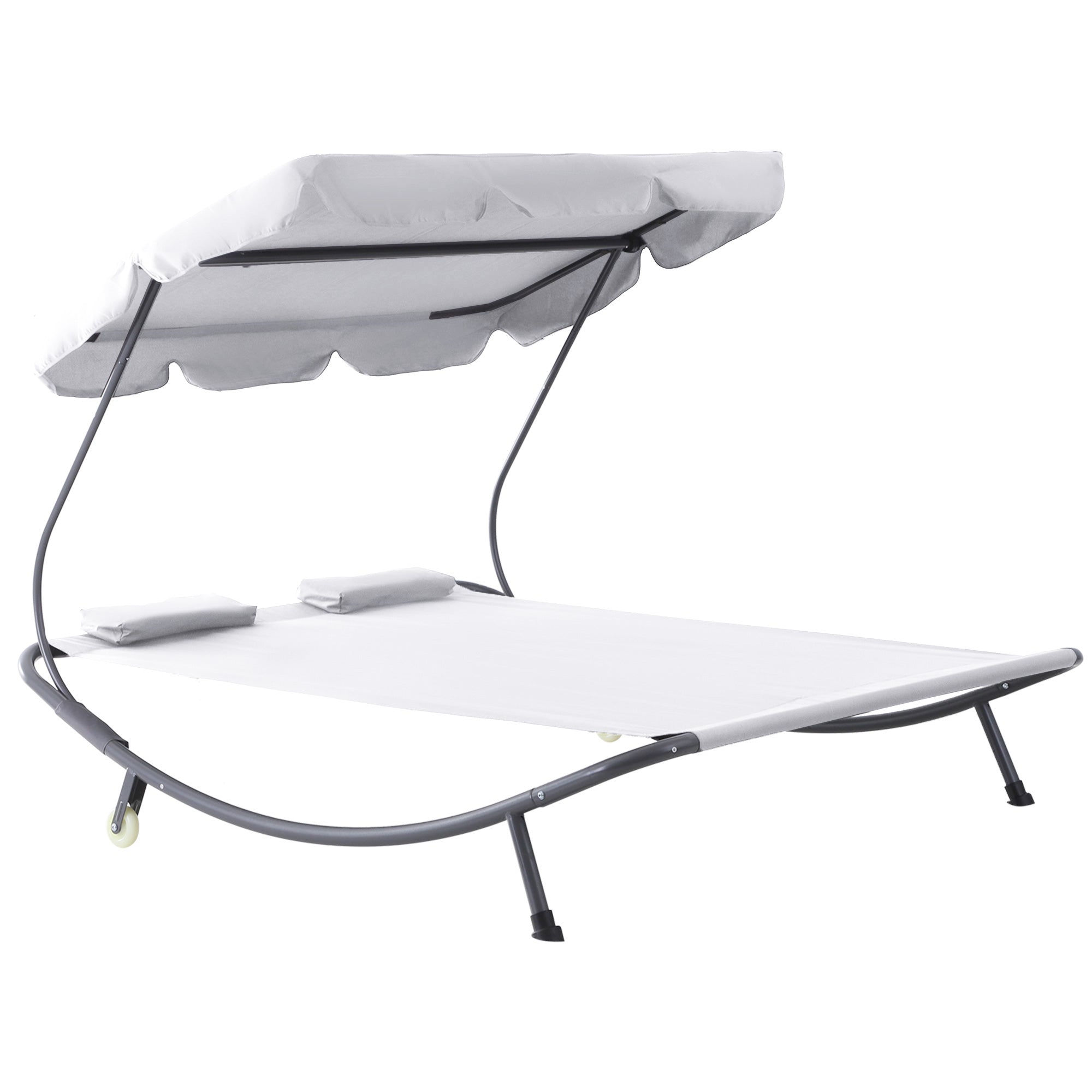 Double Sun Lounger With Adjustable Detachable Canopy, Portable Garden Daybed For 2 With Wheels, Outdoor Sunbed Hammock With 2 Pillows, 220 KG Max. Load, White