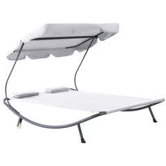 Double Sun Lounger With Adjustable Detachable Canopy, Portable Garden Daybed For 2 With Wheels, Outdoor Sunbed Hammock With 2 Pillows, 220 KG Max. Load, White