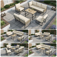 6-7 Seater Garden Furniture Set With Height Adjustable Rising Coffee Table, Corner Sofa With Polyester Rope, Weatherproof Outdoor Patio Dining Lounge Set For Balcony And Terrace, Beige