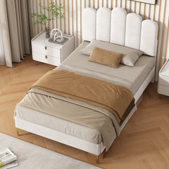 3ft Single  Premium Velvet Upholstered Bed Frame With Scalloped Channel Tufted Design, Height Adjustable Headboard & Gold Metal Feet, Under-bed Storage Space, No Box Spring Needed, Beige  No Mattress