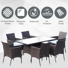 6 Seater Rattan Dining Set With Cushions, Rattan Garden Furniture Set With 6 Armchairs, Rectangular Glass Top Table, Outdoor Dining Table And Chairs, Brown