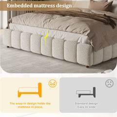 Upholstered Bed, King Size Bed, 5ft-150x200cm, Hydraulic Functional Bed, Bed With Slatted Frame, Headboard And Large Storage Space, Padded Headboard, White Boucle