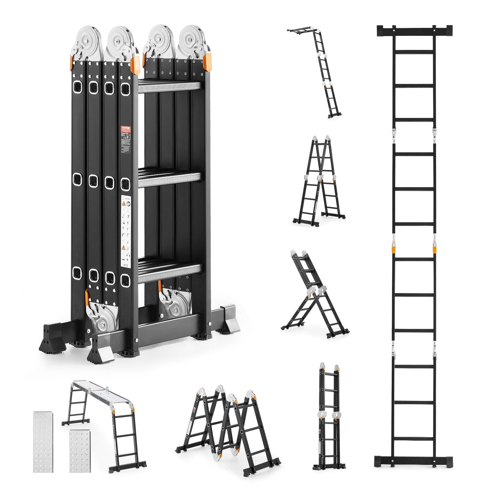 Multi-Purpose Folding Ladder, 7-in-1 Tall Extension Step Ladder, A Frame 3 Step With Scaffolding Plank Telescoping Ladder, 12ft Reach Height Heavy Duty Ladder, 330 Lbs Capacity For Home Outdoor