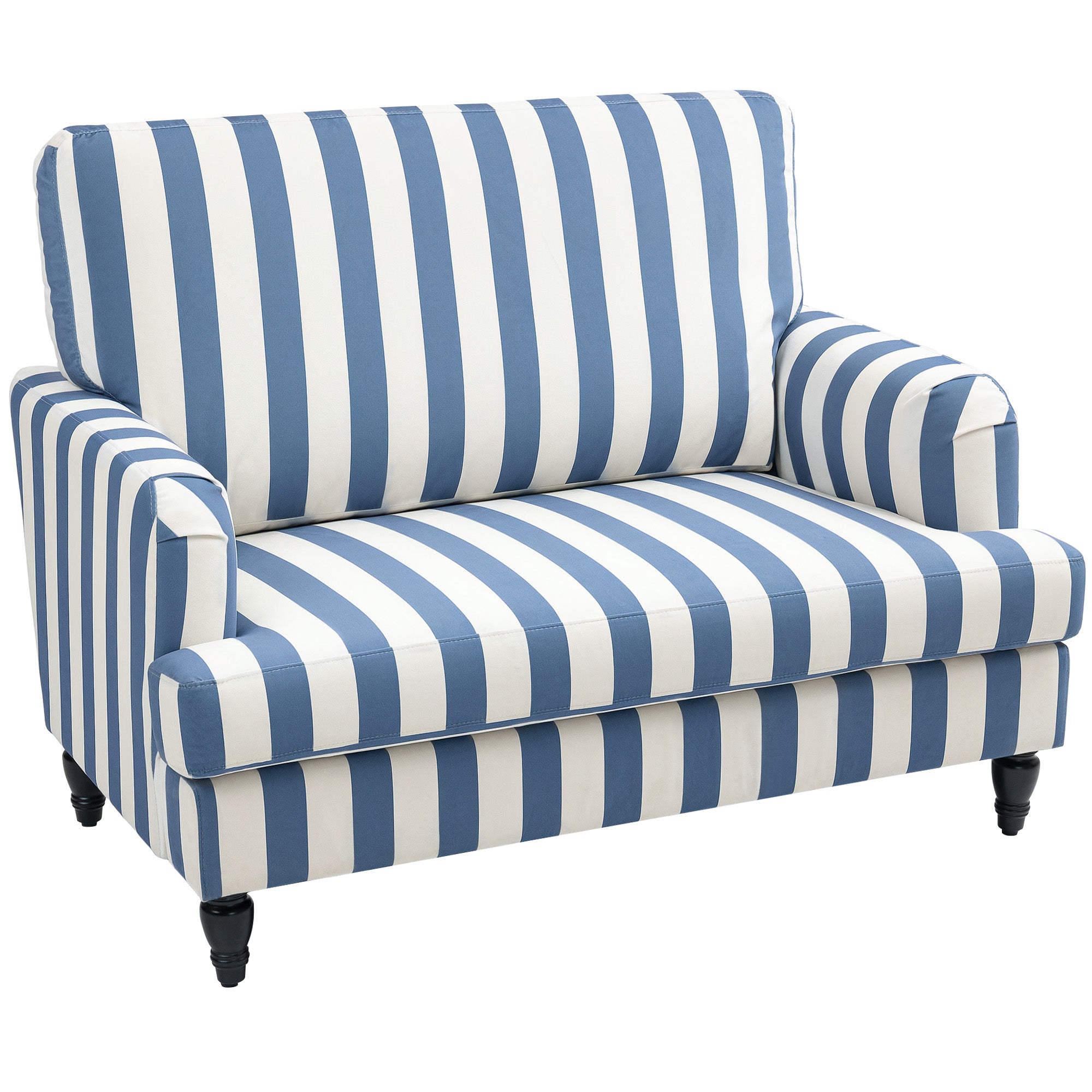 Modern Cuddle Chair, Velvet Single Sofa Armchair With Stripe, Turned Legs And Wide Seat, Upholstered Snuggle Chair For Living Room, Bedroom, Blue And White