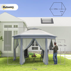 3 X 4m Metal Frame Hexagon Gazebo, With Curtains - Grey