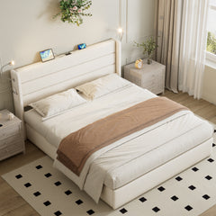 King Upholstered Bed With Charging Station, Linen Hydraulic Storage Bed With Adjustable LED Reading Light, 5ft Double Bed With USB And Type - C Ports, Beige No Mattress