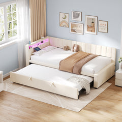 3ft Single Velvet Daybed, Sofa Bed With RGB LED Lights And Charging Station, Upholstered Sofa Bed With Trundle, Pull Out Trundle Bed For Living Room, Bedroom Or Study, Beige No Mattress