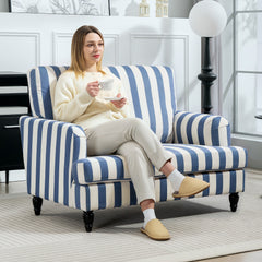 Modern Cuddle Chair, Velvet Single Sofa Armchair With Stripe, Turned Legs And Wide Seat, Upholstered Snuggle Chair For Living Room, Bedroom, Blue And White