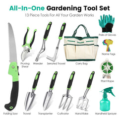 13Pcs Garden Tool Set Aluminum Alloy Gardening Hand Tools Starter Kit With Garden Bag Heavy Duty Outdoor Hand Tools With Non-Slip Ergonomic Handle For Plant Gardening