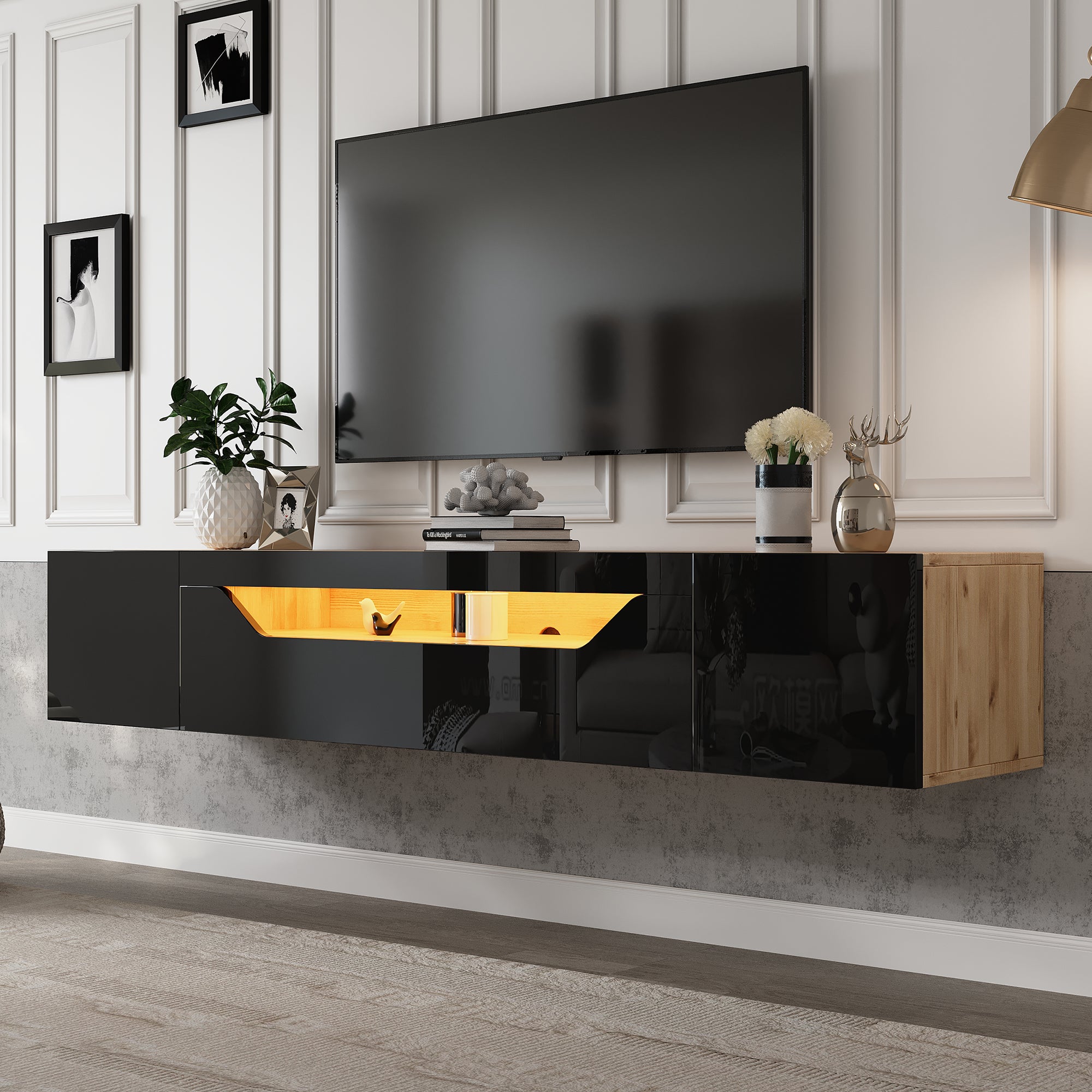 Floating TV Stand Cabinet With LED Lights, High Gloss TV Unit With Ll-Down Door, Wall Mounted TV Entertainment Center With 2doors, For Living Room Bedroom, 180x37x36cm, Black, Holds TVs Up To 75