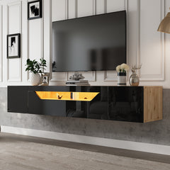 Floating TV Stand Cabinet With LED Lights, High Gloss TV Unit With Ll-Down Door, Wall Mounted TV Entertainment Center With 2doors, For Living Room Bedroom, 180x37x36cm, Black, Holds TVs Up To 75