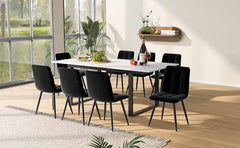 Dining Table Telescopic Table, 140 180x80x75cm, Iron Metal Legs & Square Tube Legs Modern White MDF Table Top With Marble Patterns, Dual Use For Home & Office