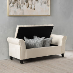 Lvory Fabric Storage Bench With Rolled Arms, 38 Seat Width,  Black Legs, Button Fabric Design, Living Room Bedroom Entryway Furniture