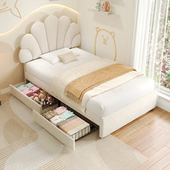 3ft Single Upholstered Bed With Adjustable Chic Petal Headboard, Soft Velvet Bed Frame With 2 Storage Drawers, Petal Bed With Solid Wood Slat, No Box Spring Needed, Easy Assembly, Beige No Mattress