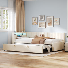 3ft Single Velvet Daybed, Sofa Bed With RGB LED Lights And Charging Station, Upholstered Sofa Bed With Trundle, Pull Out Trundle Bed For Living Room, Bedroom Or Study, Beige No Mattress