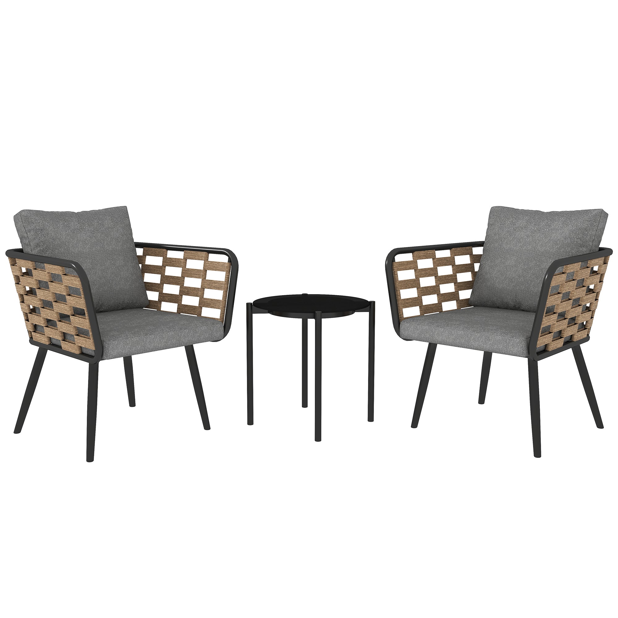 3 Pieces Rattan Bistro Set With Washable Seat And Back Cushions, Glass Top Coffee Table, For Outdoor, Patio, Black