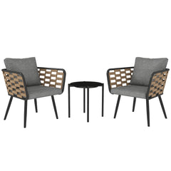 3 Pieces Rattan Bistro Set With Washable Seat And Back Cushions, Glass Top Coffee Table, For Outdoor, Patio, Black