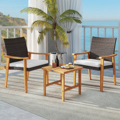 3 Pieces Patio PE Wicker Furniture Set Acacia Wood Outdoor Conversation Bistro Set