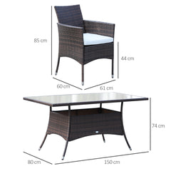6 Seater Rattan Dining Set With Cushions, Rattan Garden Furniture Set With 6 Armchairs, Rectangular Glass Top Table, Outdoor Dining Table And Chairs, Brown