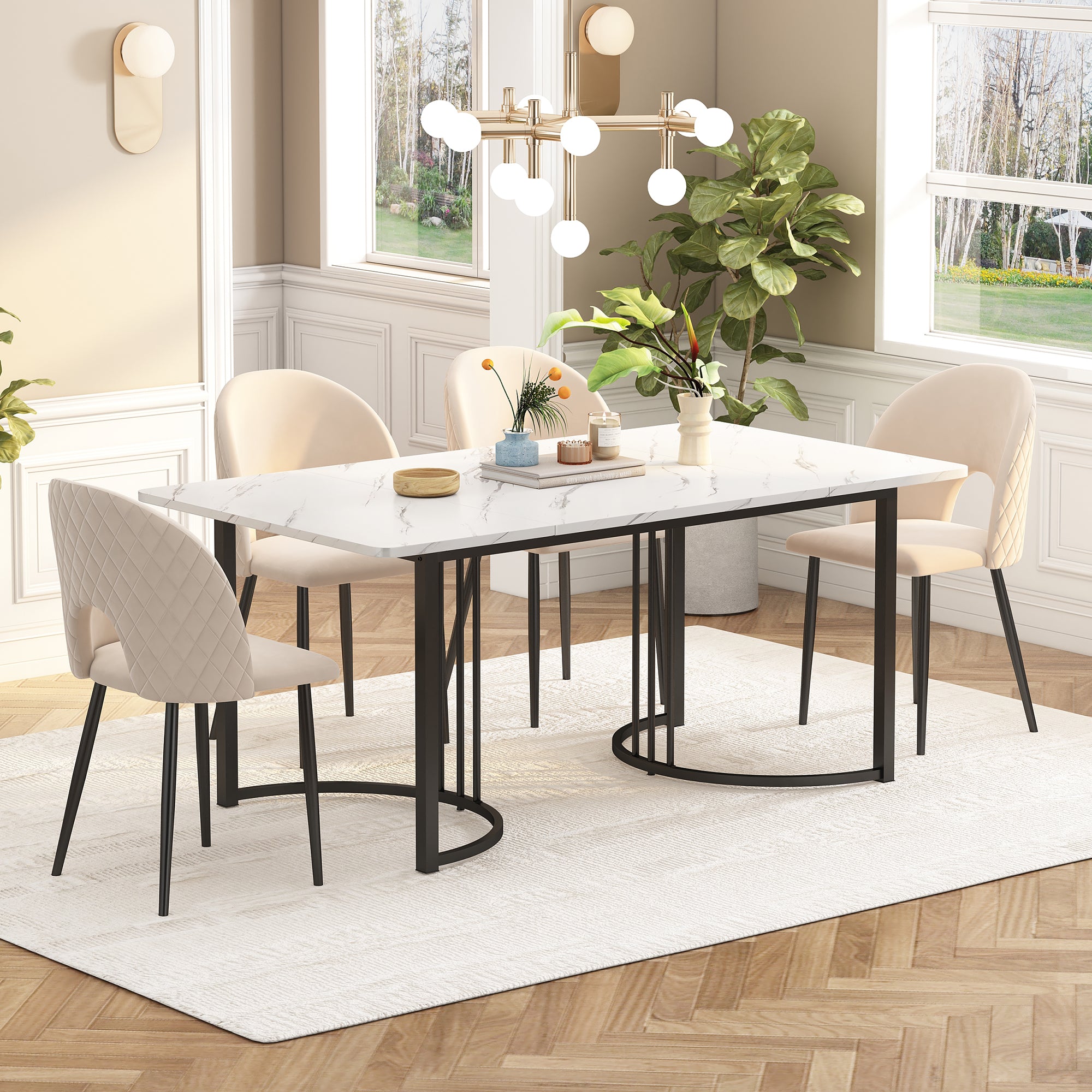 140 X 80cm Dining Table, 1-pcs Modern Kitchen Table, Metal Frame Rectangular Dining Table In Modern Marble Pattern Kitchen Table With Adjustable Feet For Dining Room Living Room, White Black