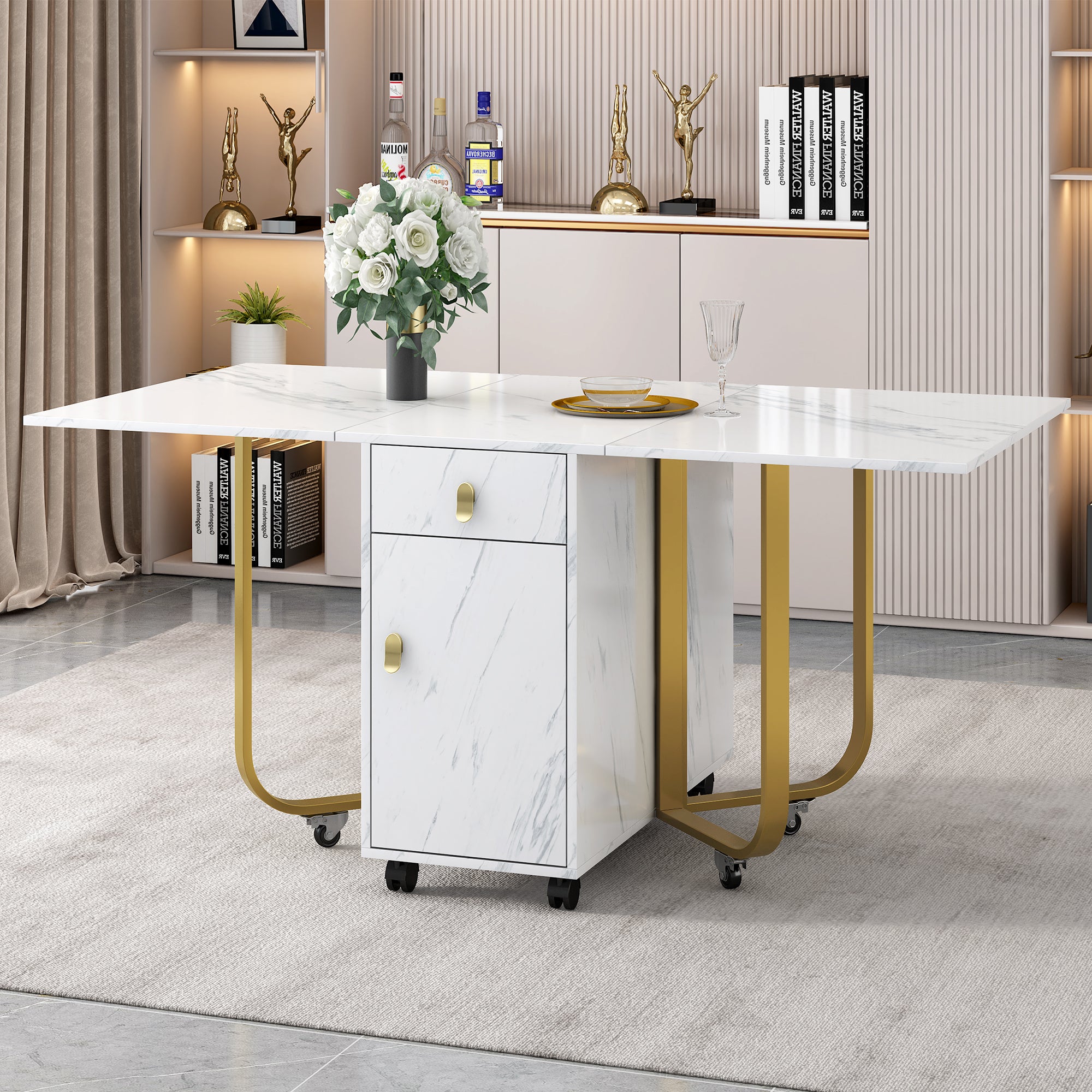 Folding Dining Table 1 Piece With Cupboard And 2 Drawers, Folding Kitchen Utility Table, Space-saving Dining Table With 4 Supporting Legs On Gliders White Gold
