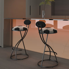 Upholstered S-shaped Barstools Set Of 2 Velvet Counter Bar Stools Football Print Round Dining Stool For Kitchen & Living Room Black Frame  Black Back