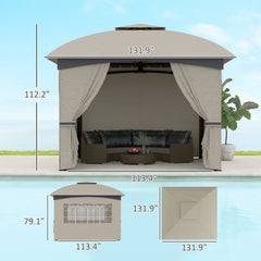 11' x 11' Outdoor Gazebo, Double Roof Patio Gazebo with Curtains, Church Windows, Galvanized Steel Frame, Light Gray