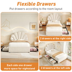 3ft Single Upholstered Bed With Adjustable Chic Petal Headboard, Soft Velvet Bed Frame With 2 Storage Drawers, Petal Bed With Solid Wood Slat, No Box Spring Needed, Easy Assembly, Beige No Mattress
