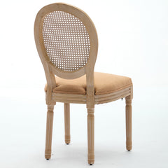 A&A Furniture,French Style Solid Wood Frame Antique Painting Linen Fabric Rattan Back Dining Chair,Set Of 2,Tan