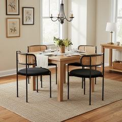 Velvet Dining Chair, Set Of 4, Modern, Simple Leisure Chair With Four Metal Support Legs, Rattan Leisure Chair, Living Room And Bedroom Chair, Black
