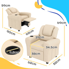 Kids Recliner Chair, PU Leather With Adjustable Backrest, Footrest, Padded Headrest, Beige