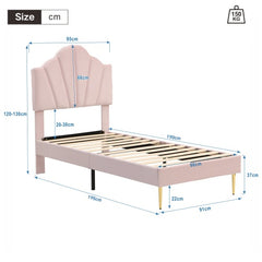 Velvet Upholstered Bed,Single Bed-3ft 90x190cm, Shell-like Bed With Golden Iron Legs, Height-adjustable Headboard, Wooden Slatted Frame
