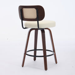 Set Of 3 Counter Height Bar Stools  26 Inch Rattan Counter Height Stools With Cane Back, Upholstered Seat, Walnut Craftsmanship, Swivel Counter Stools For Island  Kitchen  Counter  Bar Walnut Beige